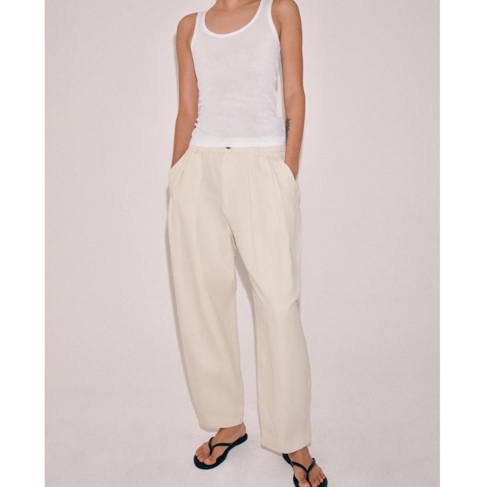 Zara Woman Cotton Linen Jogger Pants Sand Pleated Mid Rise Medium 4344/044/711